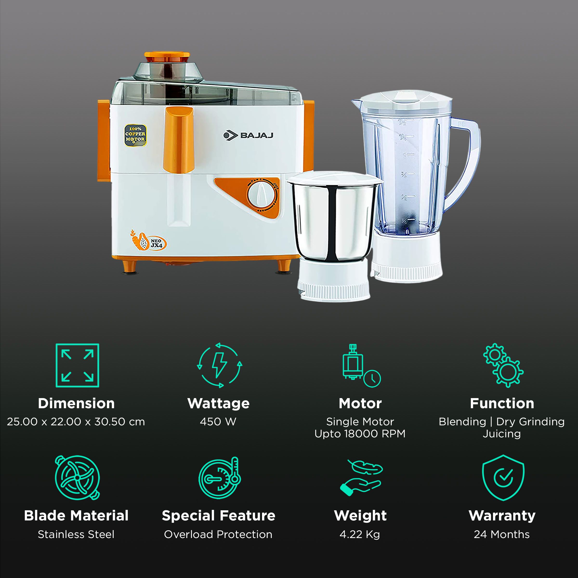 Buy Bajaj JX4 Neo 450 Watt 2 Jars Juicer Mixer Grinder (18000 RPM